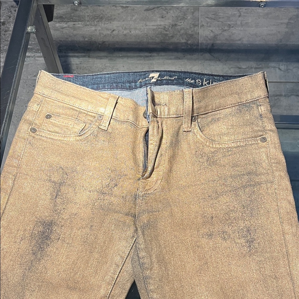 7 For All Mankind metallic gold coated Skinny Jeans with Subtle Distressing